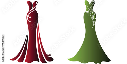Elegant mermaid style evening gown with decorative swirl accents and flowing skirt vector set