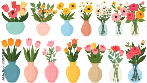 Colorful Flower Bouquets in Vases Vector Set with Decorative Floral Arrangements
