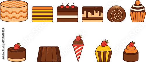 Colorful bakery dessert icons set with cakes cupcakes chocolate roll ice cream and sweet treats