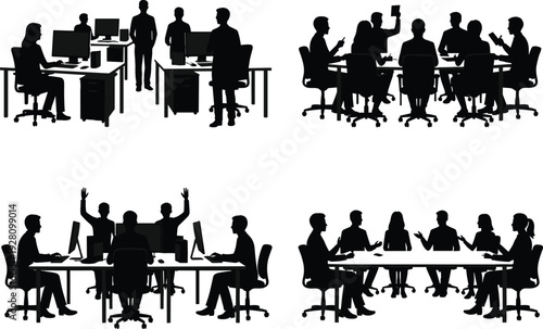 Professional business office silhouette set featuring corporate teams working at desks, conducting boardroom meetings, collaborating in groups, and using computers for modern workplace concepts.