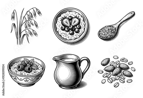 Vintage engraving style oatmeal and breakfast ingredients set featuring bowls of porridge with berries, oats, milk pitcher, and almonds.