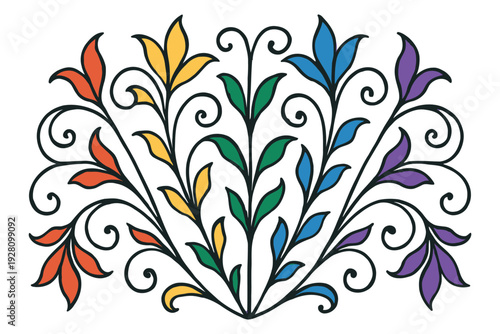 Vibrant floral branch with colorful leaves and artistic swirls design
