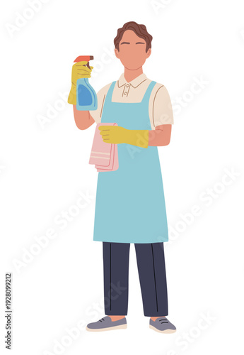 Modern flat vector illustration of a housekeeper standing front-facing with cleaning spray and cloth, wearing apron and gloves, isolated on transparent background