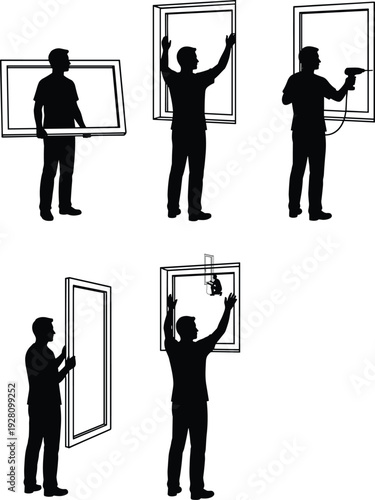 Professional Window Installer Silhouette Set Showing Process of Measuring Carrying Fitting and Securing Glass Frame During Residential House Renovation or Construction Project Site