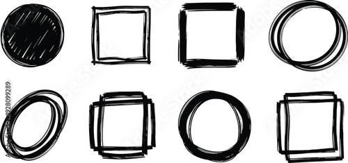 Set hand drawn ovals and squares doodle lines rough shapes grunge brush stroke frames scribble circles