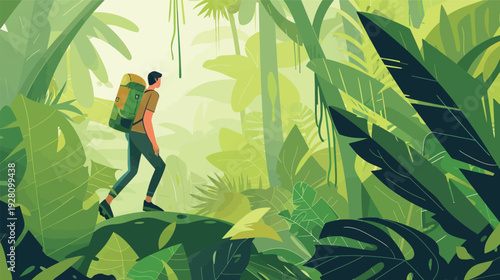 Flat design vector of a person enjoying a hike in a dense forest, outdoor adventure scene with backpacker walking among tall trees, simple colorful illustration isolated on white background