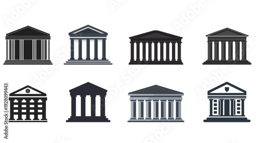 Flat black finance icon of bank building with pillars, professional minimalist government and banking symbol, simple vector illustration isolated on white background