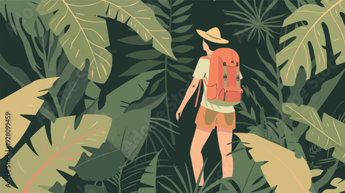 Flat design vector of a person enjoying a hike in a dense forest, outdoor adventure scene with backpacker walking among tall trees, simple colorful illustration isolated on white background