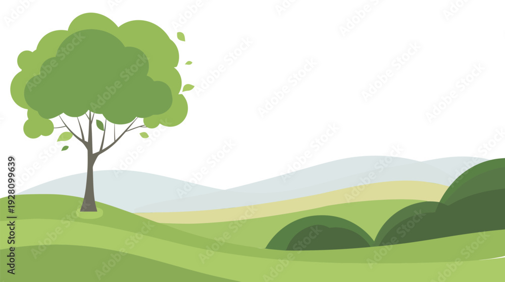 Fototapeta premium Flat landscape tree with simple canopy in light green, minimalist vector illustration of isolated tree on white background, clean nature and environment design for parks, gardens, and ecological conce