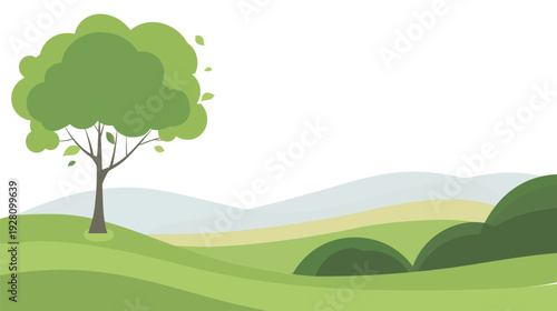 Flat landscape tree with simple canopy in light green, minimalist vector illustration of isolated tree on white background, clean nature and environment design for parks, gardens, and ecological conce
