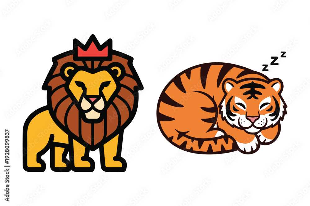 Fototapeta premium A lion and a tiger cartoon illustration Vector