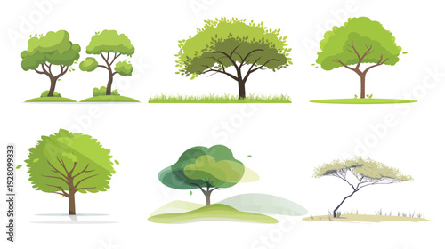 Flat landscape tree with simple canopy in light green, minimalist vector illustration of isolated tree on white background, clean nature and environment design for parks, gardens, and ecological conce