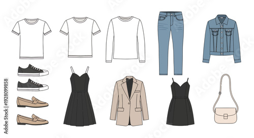 Flat lay illustration of casual and business women's clothing items, concept for fashion catalog design, apparel marketing and retail promotion