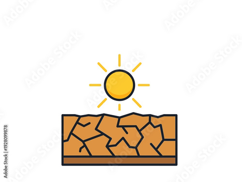 Yellow sun shining above cracked dry brown earth illustration