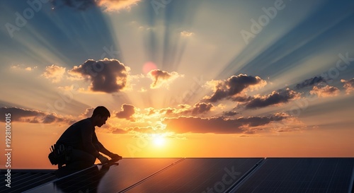 Silhouette worker installing solar panels at sunset.