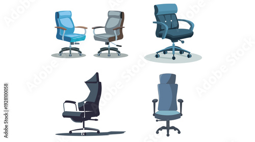 Flat office chair vector in dark gray and blue solid colors, minimalist ergonomic swivel chair illustration isolated on white background, clean vector design for workplace, home office, and corporate 
