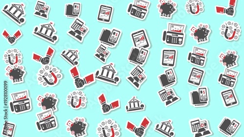 Banking and financial icons on a blue background. Perfect for financial presentations, websites, digital marketing materials, and business publications.