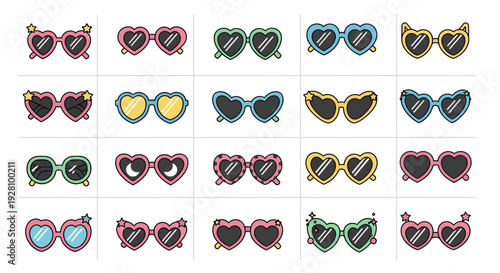 Collection of diverse heart-shaped and novelty sunglasses vector icons, concept for summer fashion promotion, trendy accessory catalog and stylish visual design