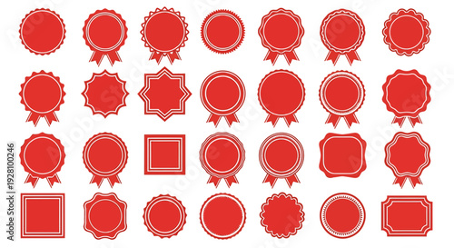 Collection of various red seal and ribbon badge templates in different shapes, concept for award design, product certification and quality assurance label