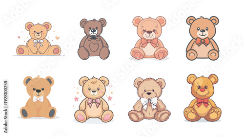 Flat style teddy bear with bow line art, cute minimalist stuffed animal illustration isolated on white background, simple vector design for children, toy, and nursery decoration concept