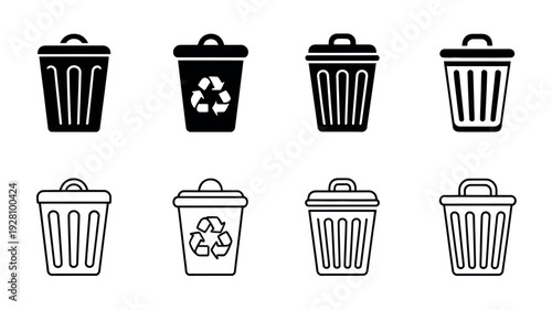 Trash can icons black and white outline vector illustration