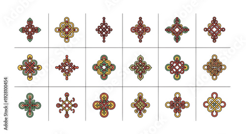 Collection of colorful Chinese knot vector illustrations in various symmetric designs, concept for cultural decoration, textile pattern design and spiritual artwork