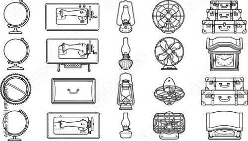 A collection of diverse vintage objects, from ornate sewing machines to globes. This artistic illustration showcases classic items, perfect for adding a touch of nostalgia to any project.