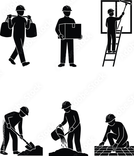 Set of black silhouette construction worker icons depicting manual labor activities including carrying boxes, cleaning windows, digging soil, pouring water, and laying floor tiles