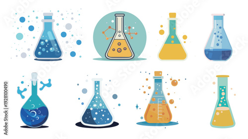 Flat vector icon of Erlenmeyer flask with bubbling liquid, minimalist laboratory glassware illustration isolated on white background, simple chemistry and science concept design for education