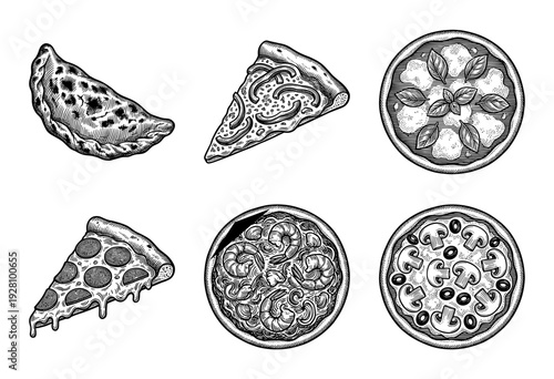 Vintage hand drawn engraving of pizza slices and whole pies featuring various toppings including pepperoni, mushrooms, and seafood