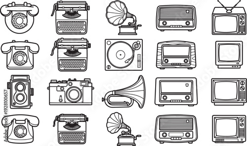 Collection of vintage communication and entertainment gadgets depicted in elegant line art. This collection celebrates the nostalgia of classic technologies, rendered in monochromatic design.