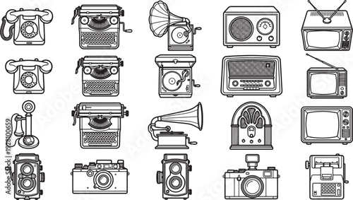 collection of vintage gadgets arranged in a grid, ideal for projects seeking a classic or retro aesthetic. The illustration features iconic items of the past.