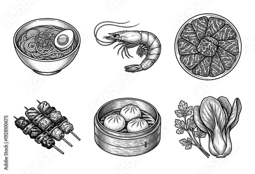 A collection of hand drawn monochrome vintage etchings featuring Asian cuisine favorites including ramen, dim sum, yakitori, and fresh seafood