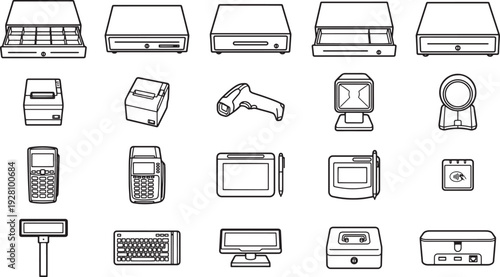 Collection of various technological devices and equipment essential in modern industry, from cash registers to cutting-edge scanners.