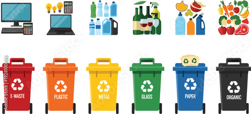 Waste sorting and recycling bins with garbage categories electronic plastic metal glass paper organic flat vector illustration set