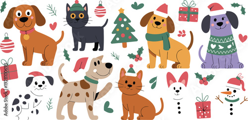 Adorable Christmas Vector Set Featuring Cute Dogs and Cats in Festive Holiday Costumes and Decorations
