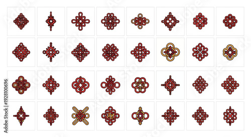 Set of various red and gold Chinese lucky knots icons with different shapes, concept for cultural decoration, traditional art and holiday greeting cards
