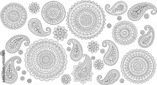 Mandala and paisley mehndi ornament collection intricate ethnic floral doodle for coloring page and decorative vector set