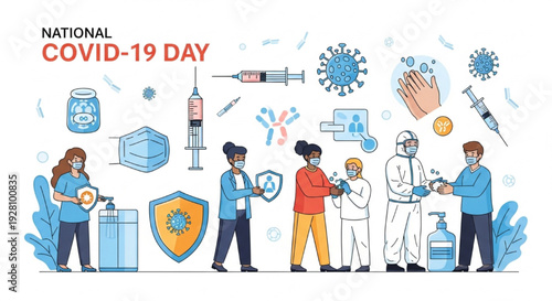 National COVID-19 Day Vector Illustration with Vaccines, Masks, Healthcare Workers, and Virus Protection