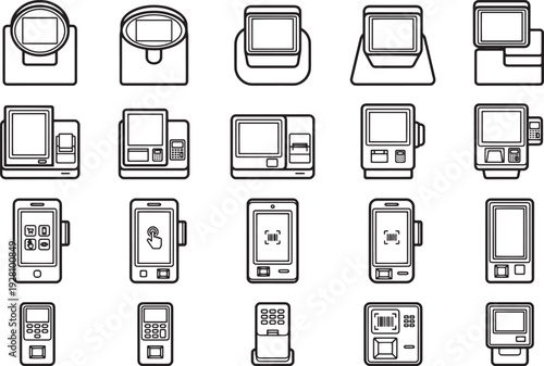 Array of modern POS terminal illustration set for business and finance. show several point of sale equipment for transaction and payment.