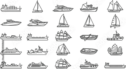 Hand Drawn Boat and Ship Icon Set Outline Vector Collection Featuring Sailboats Yachts Cargo and Cruise Vessels