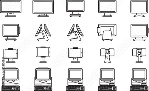 A collection of computer screens in a simple, technical illustration, ideal for digital design and technical applications. 