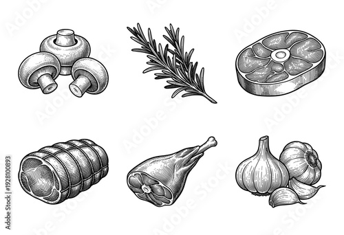 Vintage hand drawn engraving of meat cuts and cooking ingredients including steak, roast, garlic, rosemary, and mushrooms