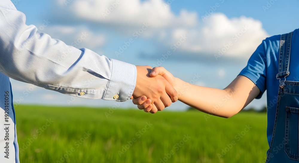 Fototapeta premium Handshake in a serene green field with a clear blue sky