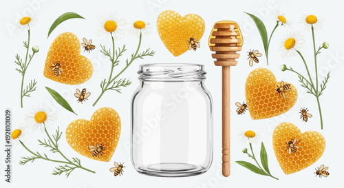 Honey themed illustration of bees honeycombs flowers and jar on white background