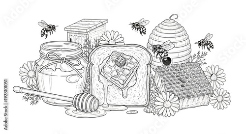 Honey themed illustration featuring bees hives food and natural elements