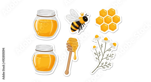 Honeybee and honey collection on white background for design or print