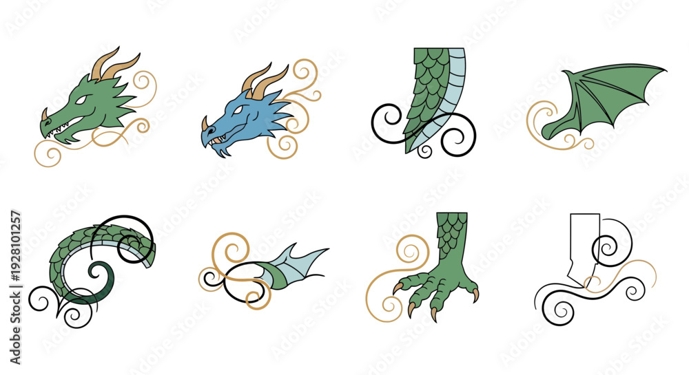 Obraz premium Set of stylized green and blue dragon head, tail, wing and claw elements with ornate scrolls, concept for fantasy book cover design, mythical creature illustration and game asset creation