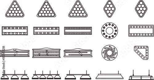 Collection of Graphic Billiard Balls, Racks, and Lights, Vector Illustration.
