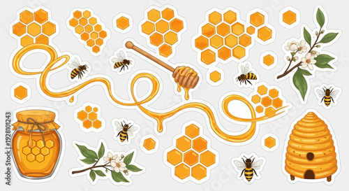 Honeybee illustration honeycomb jar bees and honey dipper on white background